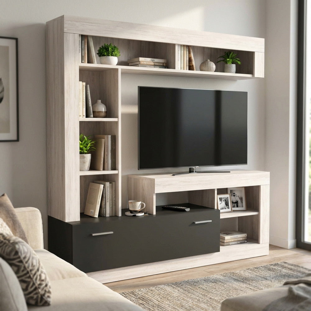 LEONARD LIVING ROOM WALL UNIT IN ANTHRACITE AND LIGHT PINE. Wall unit in ANTHRACITE and LIGHT PINE wood. Dimensions: 170 x 42 x 170 cm.