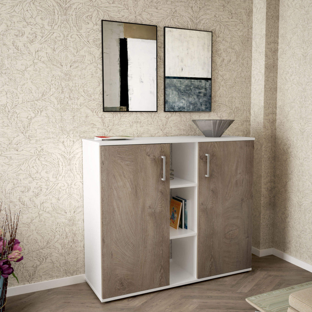 MOBILETTO 2 ANTA E 3 MENSOLE FRANK BIANCO E ROVERE CHIARO. Dimensioni: cm 101,5 x 35 x 87 h.