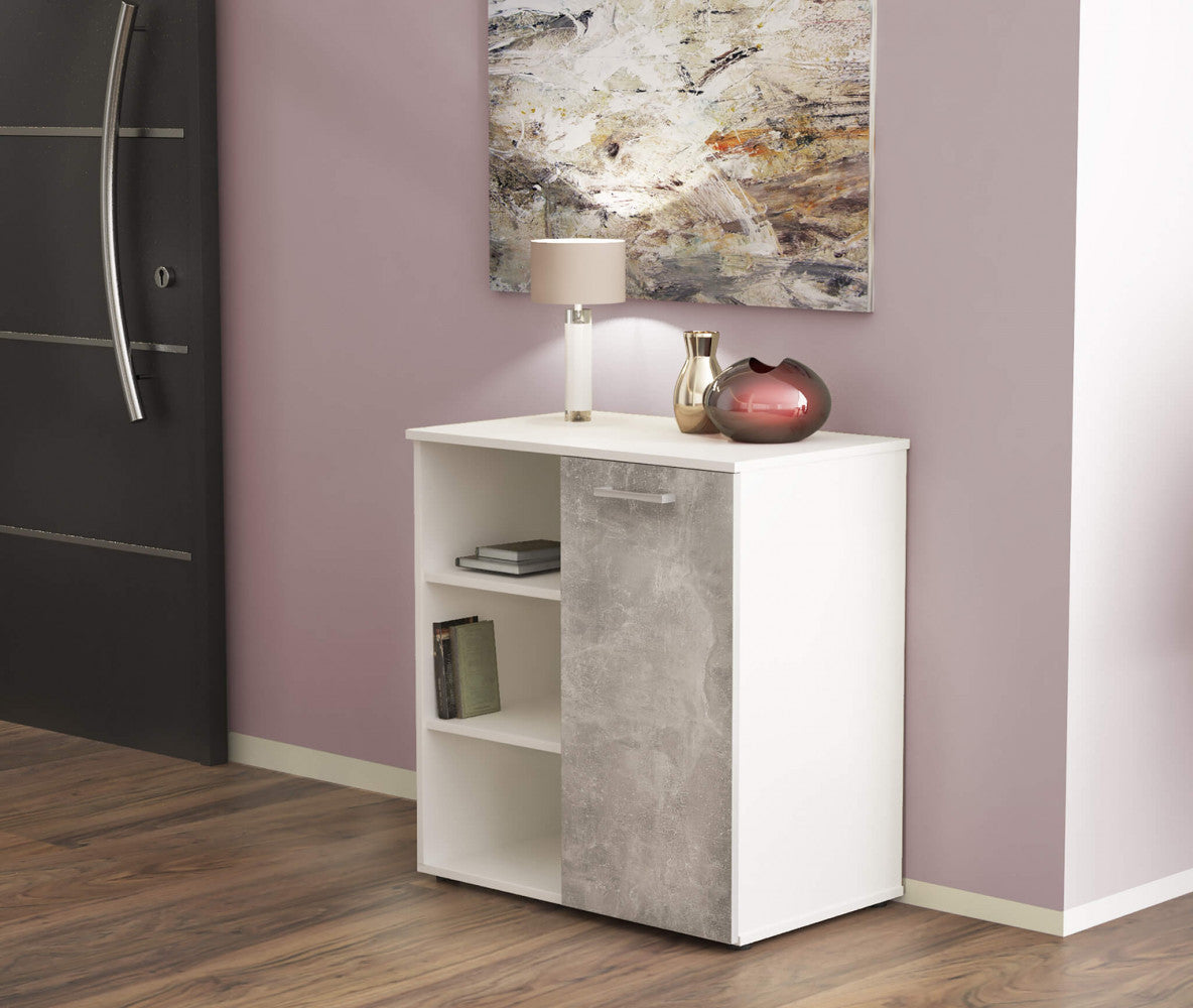 MOBILETTO 1 ANTA E 3 MENSOLE MARK BIANCO E CEMENTO CHIARO. Dimensioni: cm 68 x 35 x 87 h.