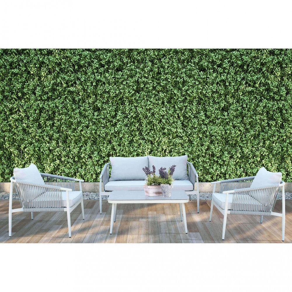 SALOTTO MUMBAI 2 P C/CUSCNI. Struttura in alluminio verniciata a polvere GRIGIO SCURO o GRIGIO CHIARO braccioli e schienali rivestimento in corda tonda sintetica cuscini 15 cm tavolino con vetro temprato 5 mm Dimensioni: D.152x80x73/P.71x80x73/T.100x...