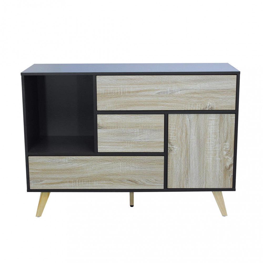 EMORY GREY AND NATURAL CABINET. Melamine cabinet with 1 door, 3 drawers and 1 shelf, natural structure, white or dark grey. Dimensions: 119 x 39.5 x 85.6 h.
