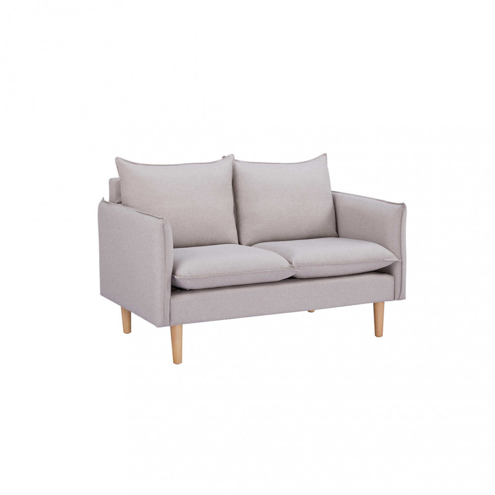 FLORIN 2-SEATER SOFA. Sofa in BEIGE, BLUE, DARK GREY, PURPLE, or CYAN with wooden legs. Dimensions: 130 x 84 x 51 cm.