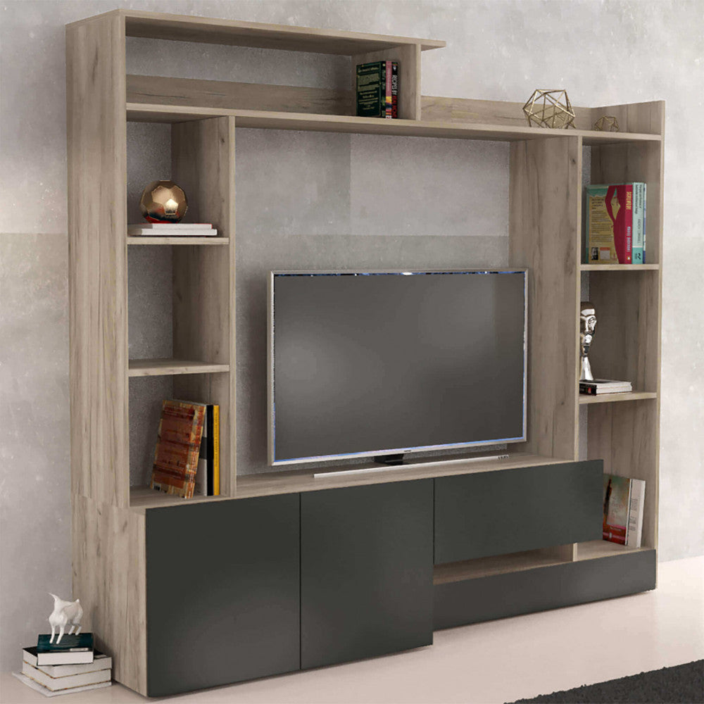 PARETE SOGGIORNO ENTRY ANTRACITE E OLMO. Parete in legno ANTRACITE e OLMO Dimensioni: cm 180 x 28/40 x 165 h.