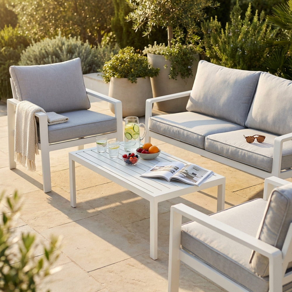 SALOTTO 2 P SANTO DOMINGO C/CUSCINI. Struttura in alluminio BIANCA o ANTRACITE cuscini in poliestere Dimensioni: D.140x70x68/P.64x70x68/T.100x50x35. Arredo Giardino