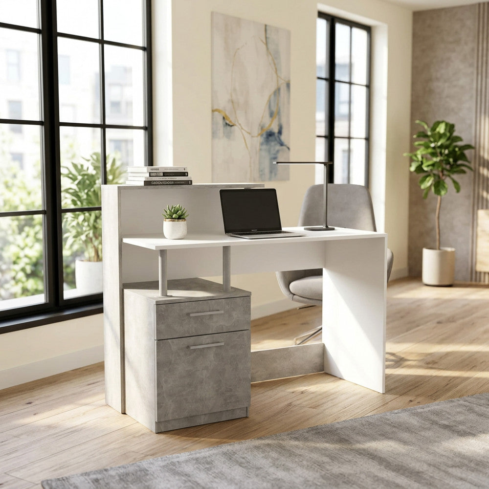 SCRIVANIA NASDAQ BIANCO E GRIGIO EFFETTO CEMENTO. Scrivania in legno BIANCO e GIRGIO EFFETTO CEMENTO Dimensioni: cm 120 x 55 x 75/91 h.