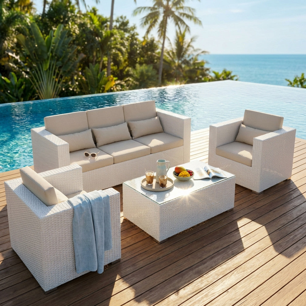 ACAPULCO LOUNGE SETTEE 3 PCS/CUSHIONS. Aluminum frame, WHITE or BROWN wicker with UV protection, 5 mm thick glass, ecru cushions, 10 cm thick backrest, 14 cm seat. Dimensions: D.186x80x70/D.85x80x70/T.100x60x44. Garden Furniture
