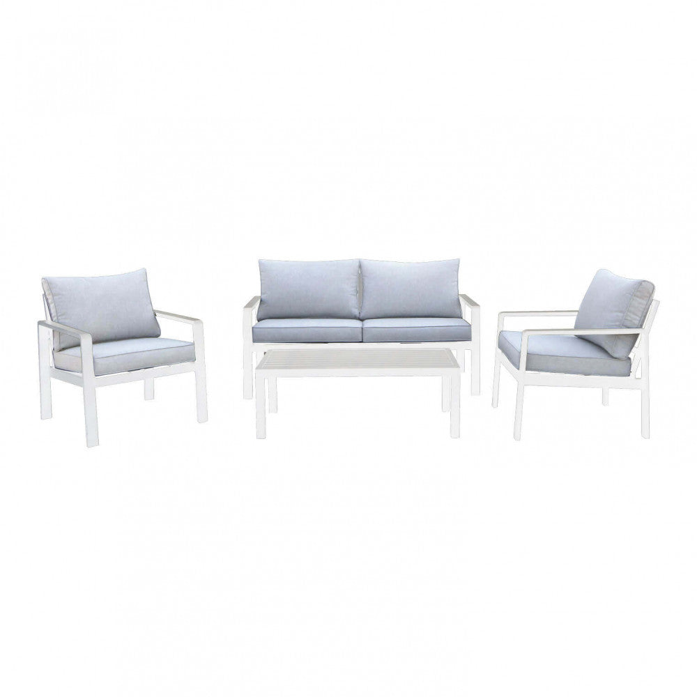 SALOTTO 2 P SANTO DOMINGO C/CUSCINI. Struttura in alluminio BIANCA o ANTRACITE cuscini in poliestere Dimensioni: D.140x70x68/P.64x70x68/T.100x50x35. Arredo Giardino