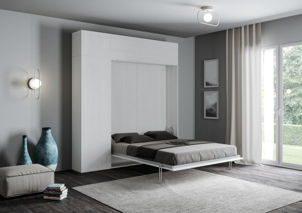 Letto a scomparsa 120 verticale Erbè con colonna e pensili Bianco Frassino