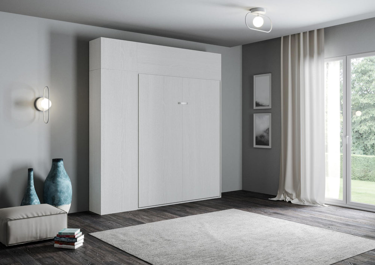 Letto a scomparsa 140 verticale Erbè con colonna e pensili Bianco Frassino