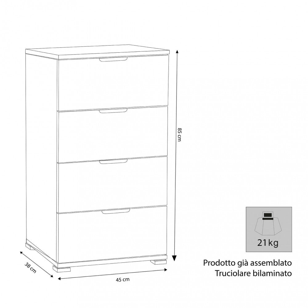 MOBILETTO ASTER 4 CASSETTI TINTA NOCE. Dimensioni: cm 45 x 38 x 85 h.