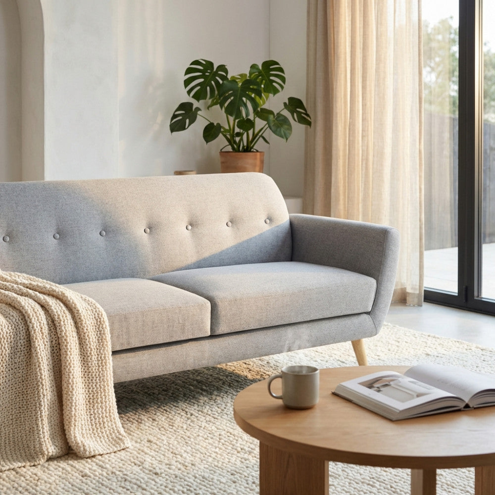 BURTON 3-SEATER SOFA. LIGHT GREY, DARK GREY, or BLUE sofa with buttons and polypropylene legs. Dimensions: 193 x 79 x 86 cm.