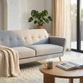 BURTON 3-SEATER SOFA. LIGHT GREY, DARK GREY, or BLUE sofa with buttons and polypropylene legs. Dimensions: 193 x 79 x 86 cm.