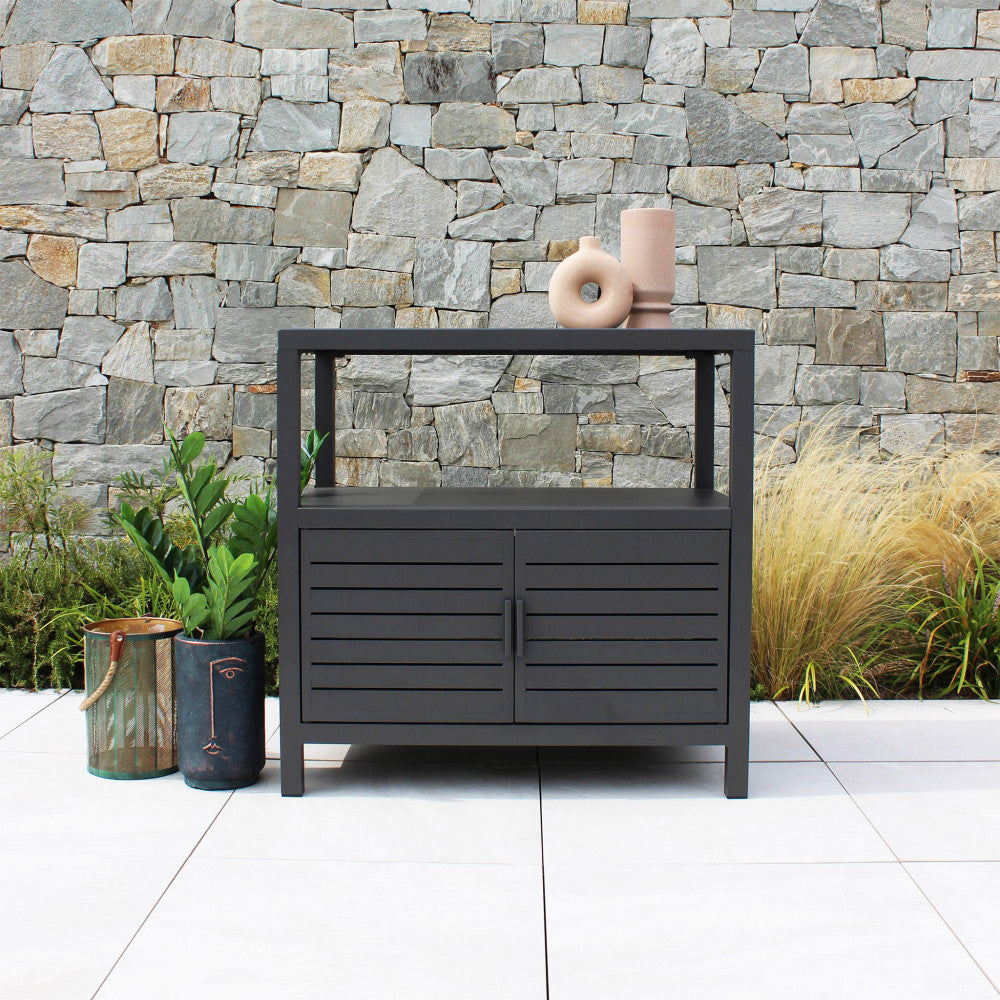 PHOENIX CABINET. Structure in WHITE or ANTHRACITE painted aluminum. Dimensions: 90 x 55 x 90 h cm.