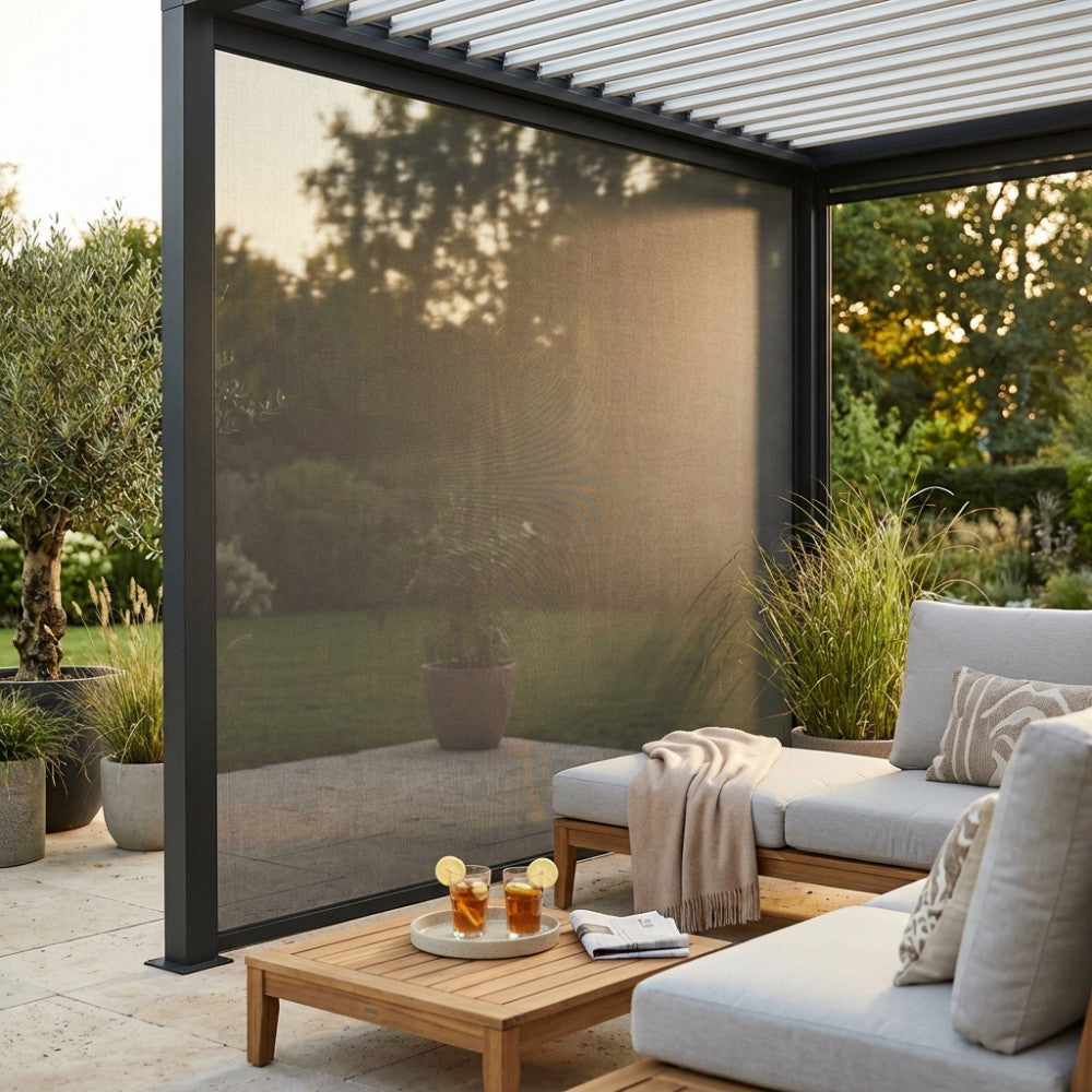 4M LATERAL BIOCLIMATIC PERGOLA WITH DOUBLE LOUVRES. Manual side in anthracite or white textilene. Dimensions: 381 cm wide x 221 cm deep. Garden Furniture