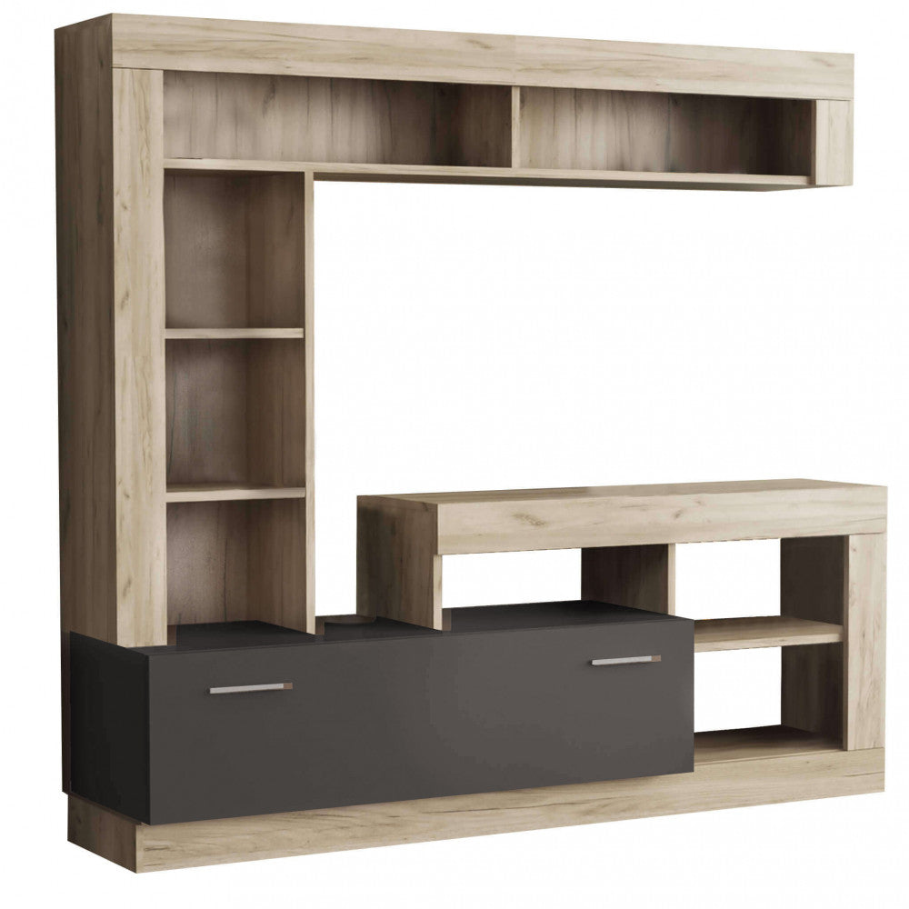 LEONARD OAK AND TAUPE LIVING ROOM WALL UNIT. Dimensions: 170 x 42 x 170 cm h.
