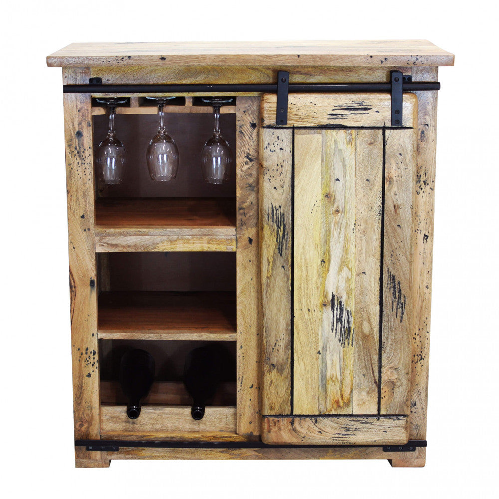 WINE CELLAR. Mango wood wine cellar with 1 sliding door, 2 shelves, 2 drawers and bottle holder. Dimensions: 90 x 45 x 100 cm.