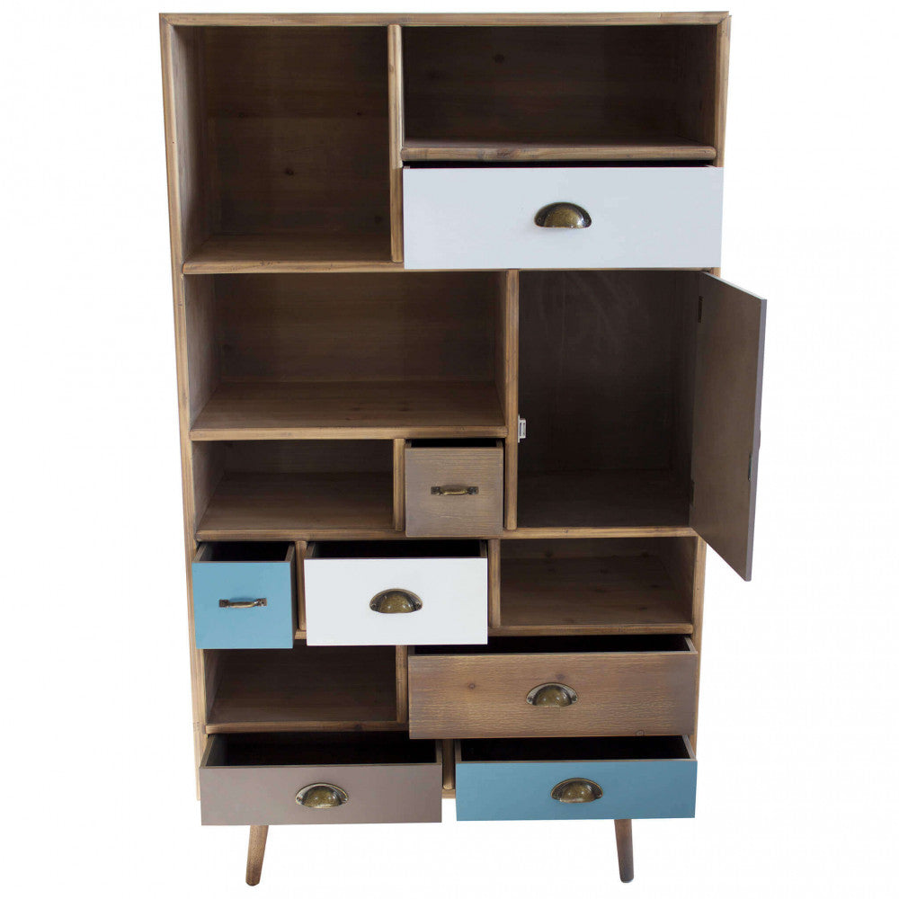 MOBILETTO PERTH. Struttura in MDF, gambe in legno di pino, top colore NATURALE 6 ripiani e 1 anta, 7 cassetti colorati Dimensioni: cm 80 x 36,5 x 139 h.