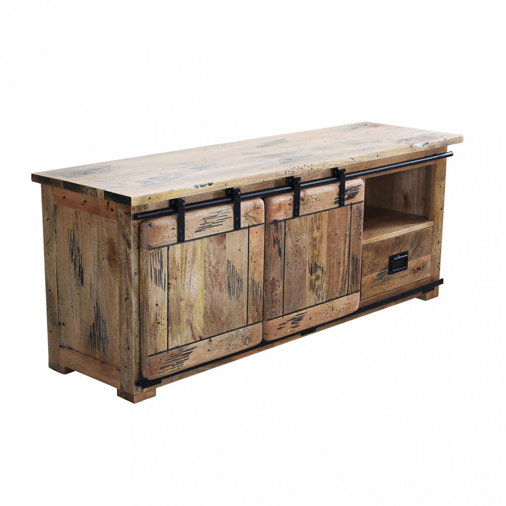 PORTA TV WELDON. Porta TV in legno di mango con 2 anta scorrevole, 1 ripiano e 2 cassetto Dimensioni: cm 150 x 45 x 60 h.