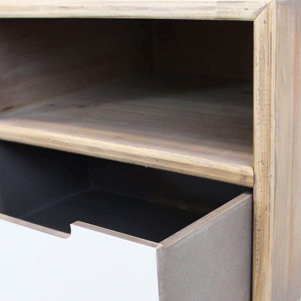 PORTA TV TIBURG. Struttura in MDF, gambe in legno di pino, top colore NATURALE 3 ripiani e 3 cassetti colorati Dimensioni: cm 120 x 35,5 x 29,5 h.