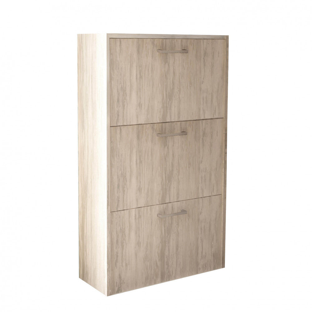 MOLLY SHOE RACK WITH 3 FLAP DOORS IN LIGHT PINE. Shoe rack in LIGHT PINE wood, 16 mm thick. Dimensions: 59 x 25 x 105 cm.