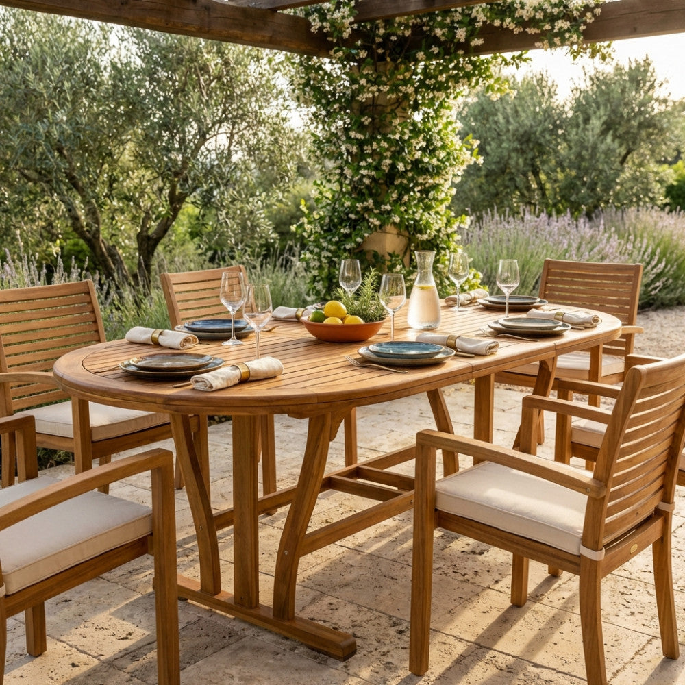 SHIRE OVAL TABLE 180/240 X 100 DOUBLE. Solid acacia wood, 44 mm thick, double edge. Dimensions: 180/240 cm x 100 x 74 h. Garden furniture.