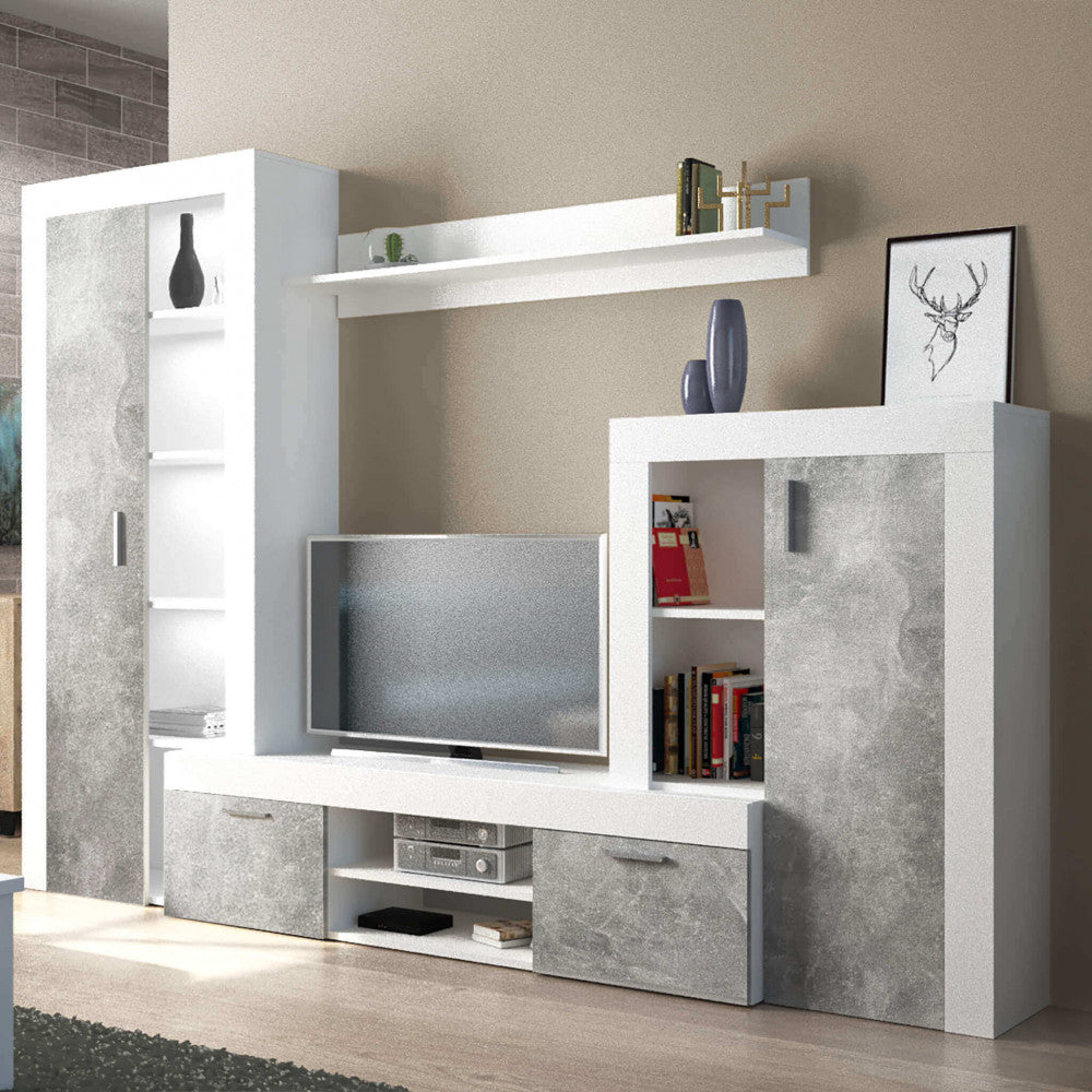 NOBEL LIVING ROOM WALL WHITE AND GREY CONCRETE EFFECT. WHITE and GREY CONCRETE EFFECT wooden wall Dimensions: 263 x 40 x 200 h cm.