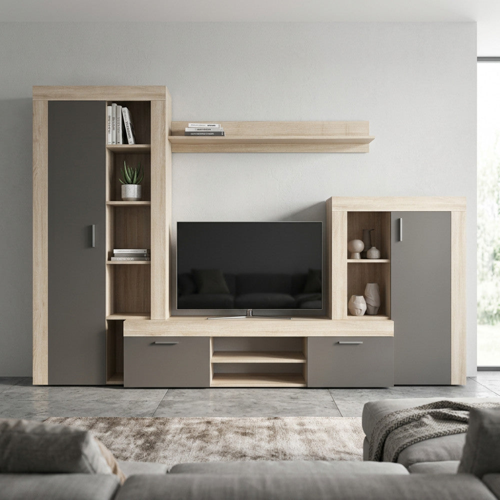 PARETE SOGGIORNO NOBEL OLMO E GRIGIO. Dimensioni: cm 263 x 40 x 200 h.