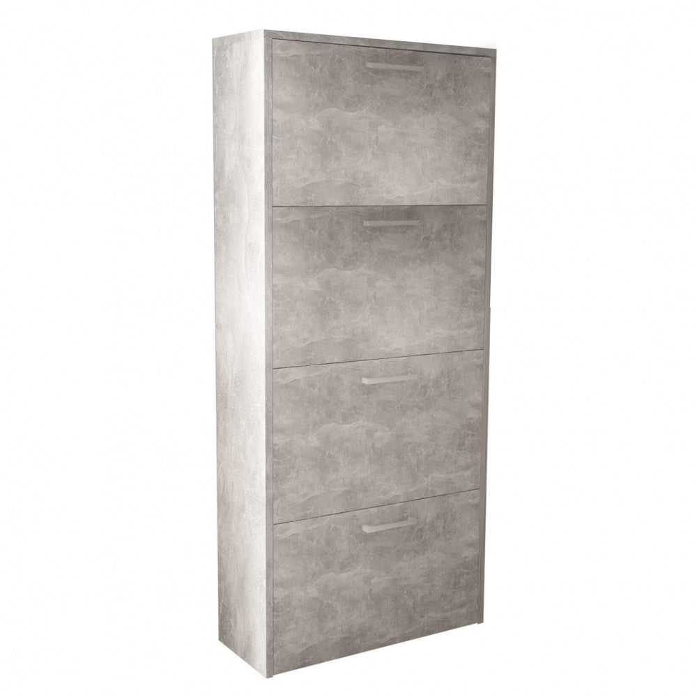 MOLLY SHOE RACK WITH 4 FLAP-DOORS, GREY CONCRETE EFFECT. 16 mm thick GREY CONCRETE EFFECT wooden shoe rack. Dimensions: 59 x 25 x 140 cm h.