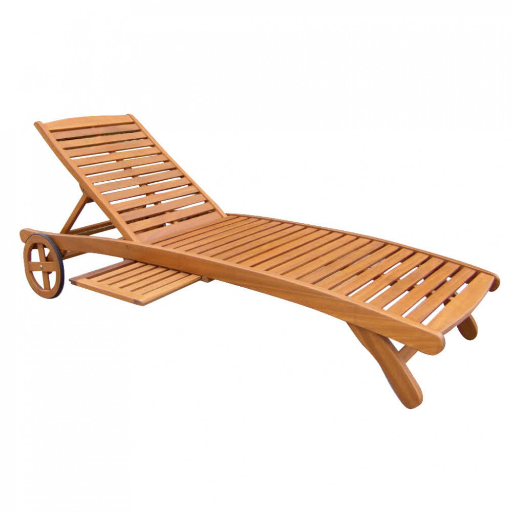 PERTH LOUNGER WITH WHEELS. Solid acacia wood, adjustable in 9 positions, can be combined with REAL or POLY cushions. Dimensions: 196 x 63 x 38/100 cm. Garden furniture.