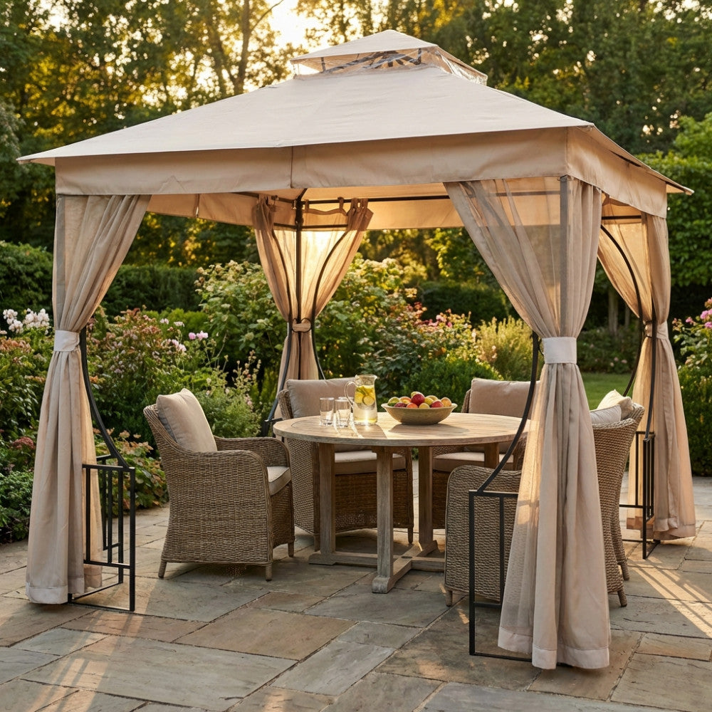 GAZEBO HOGAN 3 X 3. Struttura in metallo color nero 14x20 mm Telo in poliestere TORTORA 180gr con antivento Tubi 14x20/15x15 mm Dimensioni: m 3 x 3 x 265 h. Arredo Giardino