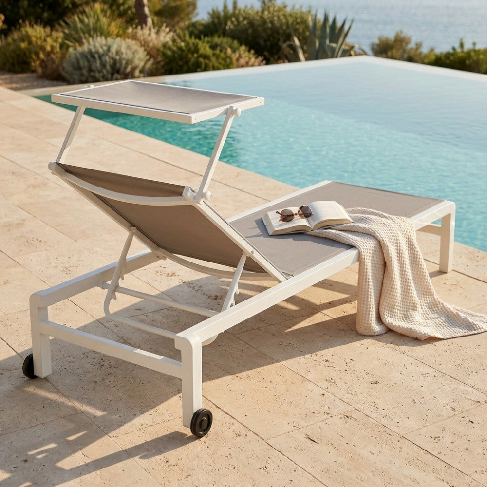 LETTINO MADISON. Struttura in alluminio verniciato BIANCO o ANTRACITE o TAUPE textilene 2 x 1 con tettuccio Dimensioni: cm 195 x 78 x 32/54 h. Arredo Giardino