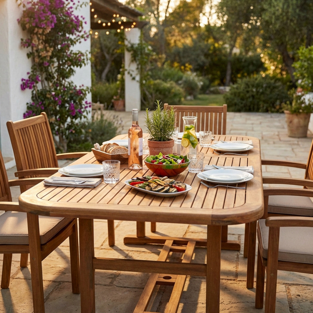 TAVOLO COUNTY RETTANGOLARE 180/240X100 DOUBLE. Legno di Acacia massiccio spessore 44 mm doppio bordo Dimensioni: cm 180/240 x 100 x 74 h. Arredo Giardino