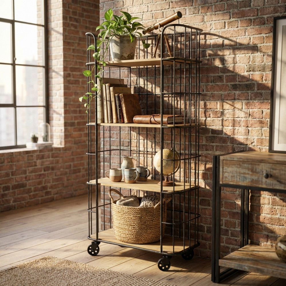 MOBILE AMYAS. Mobile in ferro e legno con 4 ripiani Dimensioni: cm 77 x 39,5 x 168 h.