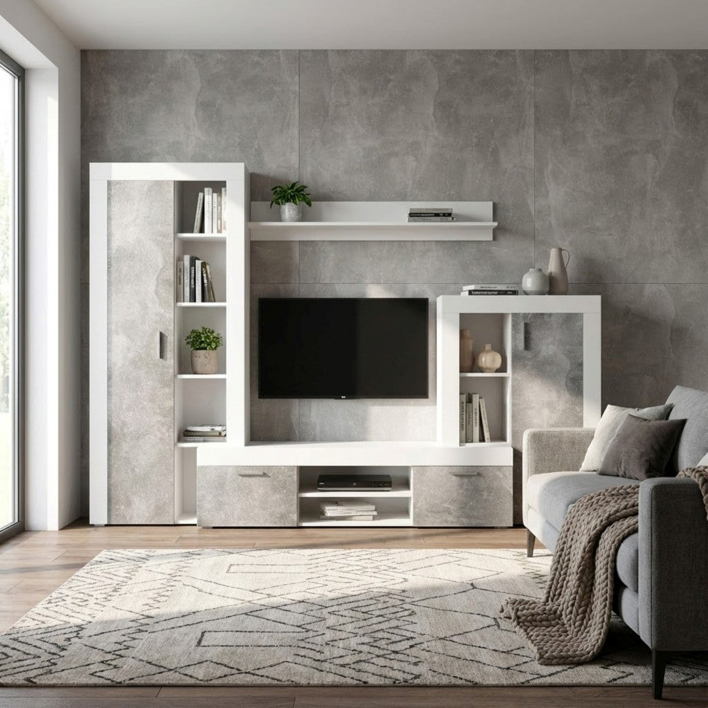 NOBEL LIVING ROOM WALL WHITE AND GREY CONCRETE EFFECT. WHITE and GREY CONCRETE EFFECT wooden wall Dimensions: 263 x 40 x 200 h cm.