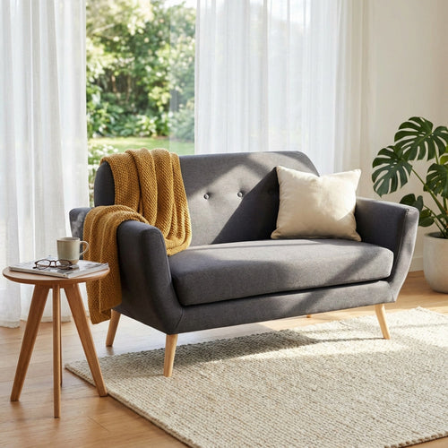 DIVANO 2 POSTI BURTON. Divano GRIGIO CHIARO, GRIGIO SCURO o BLU con bottoni e gambe in polipropilene Dimensioni: cm 147 x 79 x 86 h.