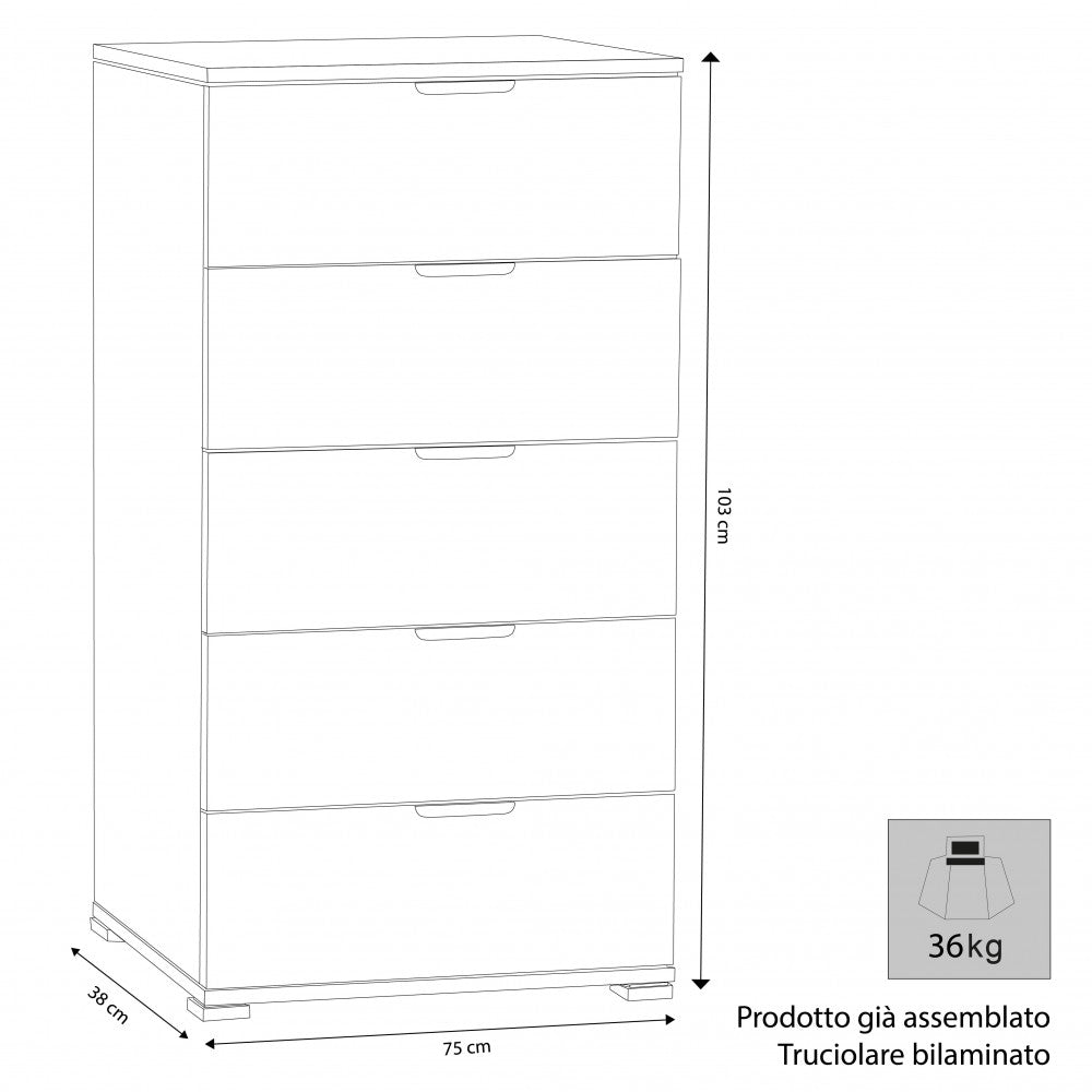MOBILETTO EVERGLADE 5 CASSETTI ROVERE GRIGIO. Dimensioni: cm 75 x 38 x 103 h.