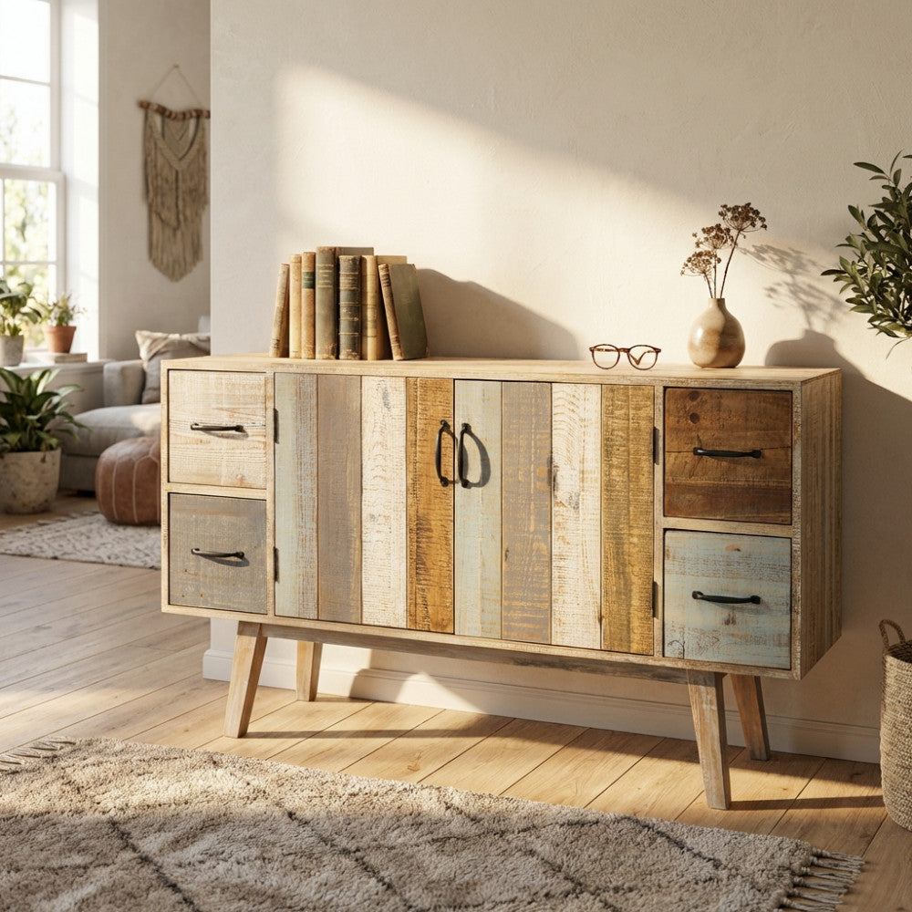 MOBILE FRED. Mobile con 4 cassetti e 2 ante in legno colorato Dimensioni: cm 131 x 40 x 77 h.