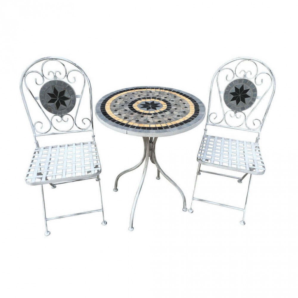 SET/3 BISTRO' ALISON BIANCO ANTICO. Struttura in metallo verniciato a polvere e marmo set composto da 1 tavolo e 2 sedie color bianco, trattamento elettroforesi Dimensioni: T. cm 60 x 72 h S. cm 36 x 35 x 91 h.