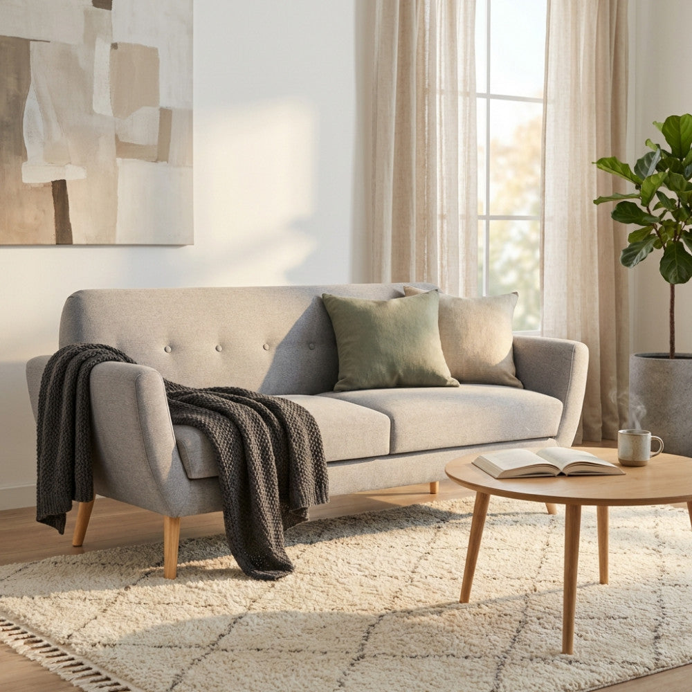 BURTON 3-SEATER SOFA. LIGHT GREY, DARK GREY, or BLUE sofa with buttons and polypropylene legs. Dimensions: 193 x 79 x 86 cm.