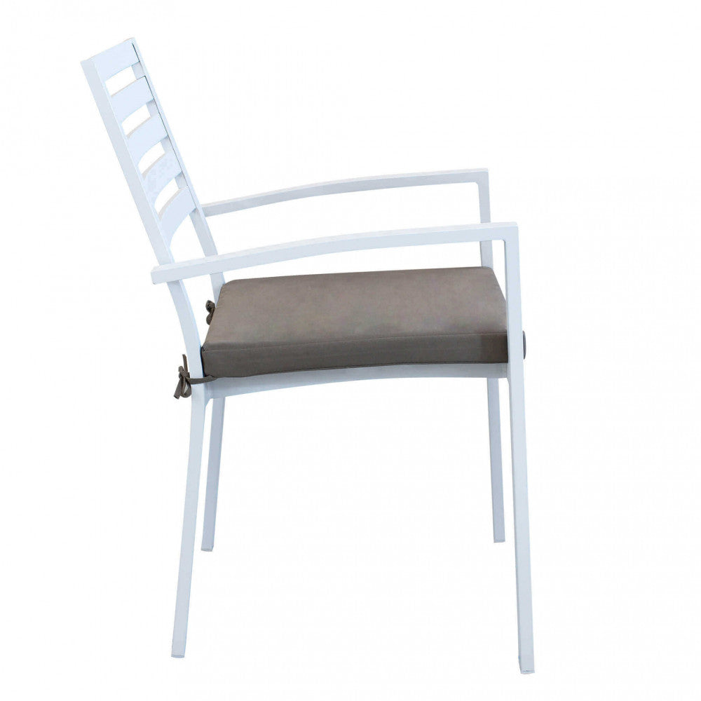 FORMENTERA ARMCHAIR WITH CUSHION. Frame and seat in WHITE, DOVE GREY, TAUPE, or ANTHRACITE aluminum with TAUPE cushion. Dimensions: 46 x 62 x 84 cm. Garden Furniture