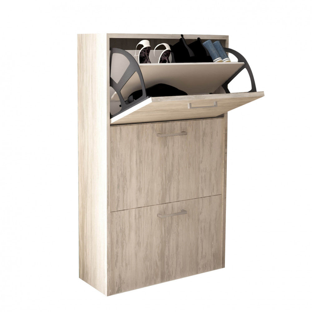 MOLLY SHOE RACK WITH 3 FLAP DOORS IN LIGHT PINE. Shoe rack in LIGHT PINE wood, 16 mm thick. Dimensions: 59 x 25 x 105 cm.