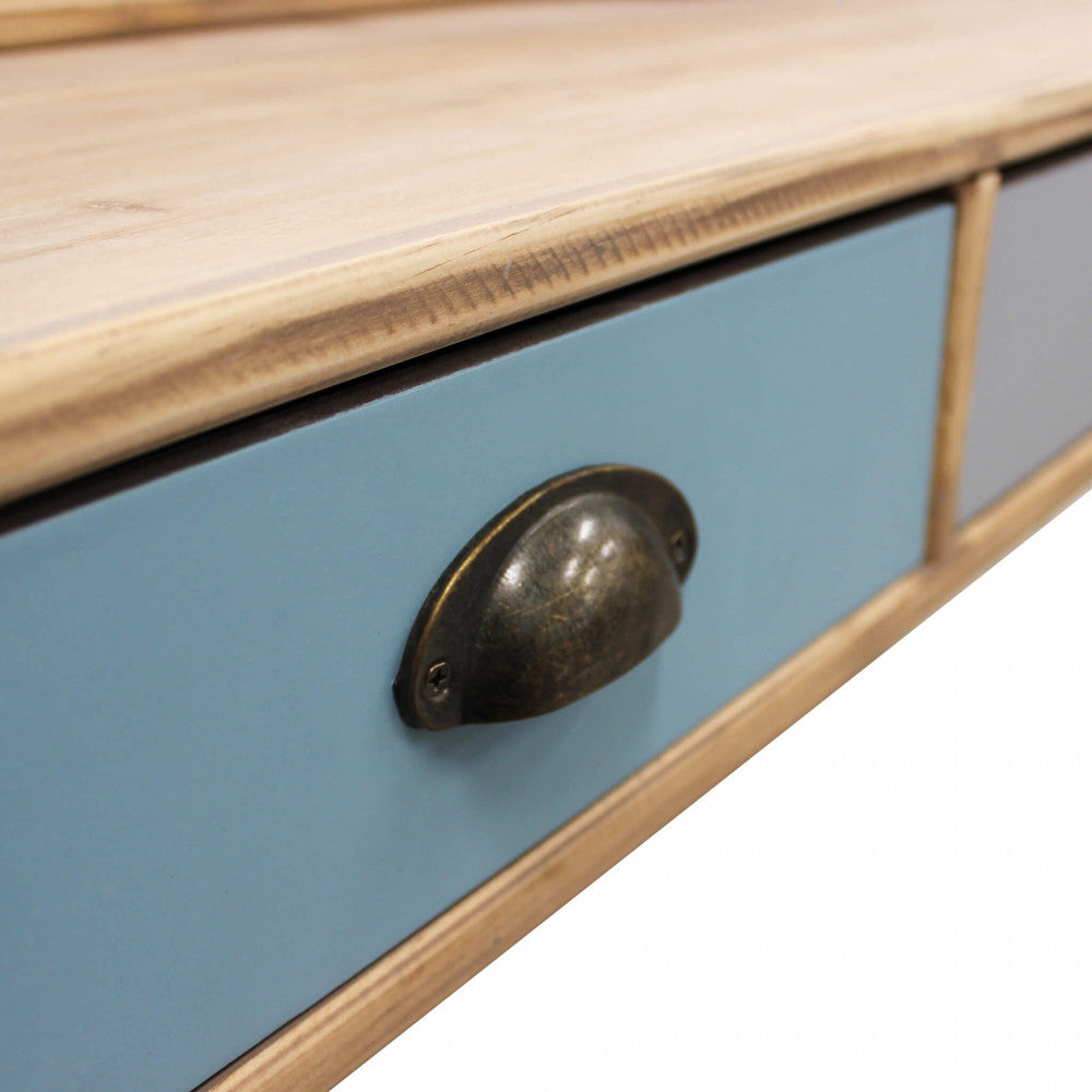 SCRIVANIA AJAX. Struttura in MDF, gambe in legno di pino, top colore NATURALE 1 ripiano e 5 cassetti colorati Dimensioni: cm 120 x 50 x 79 h.