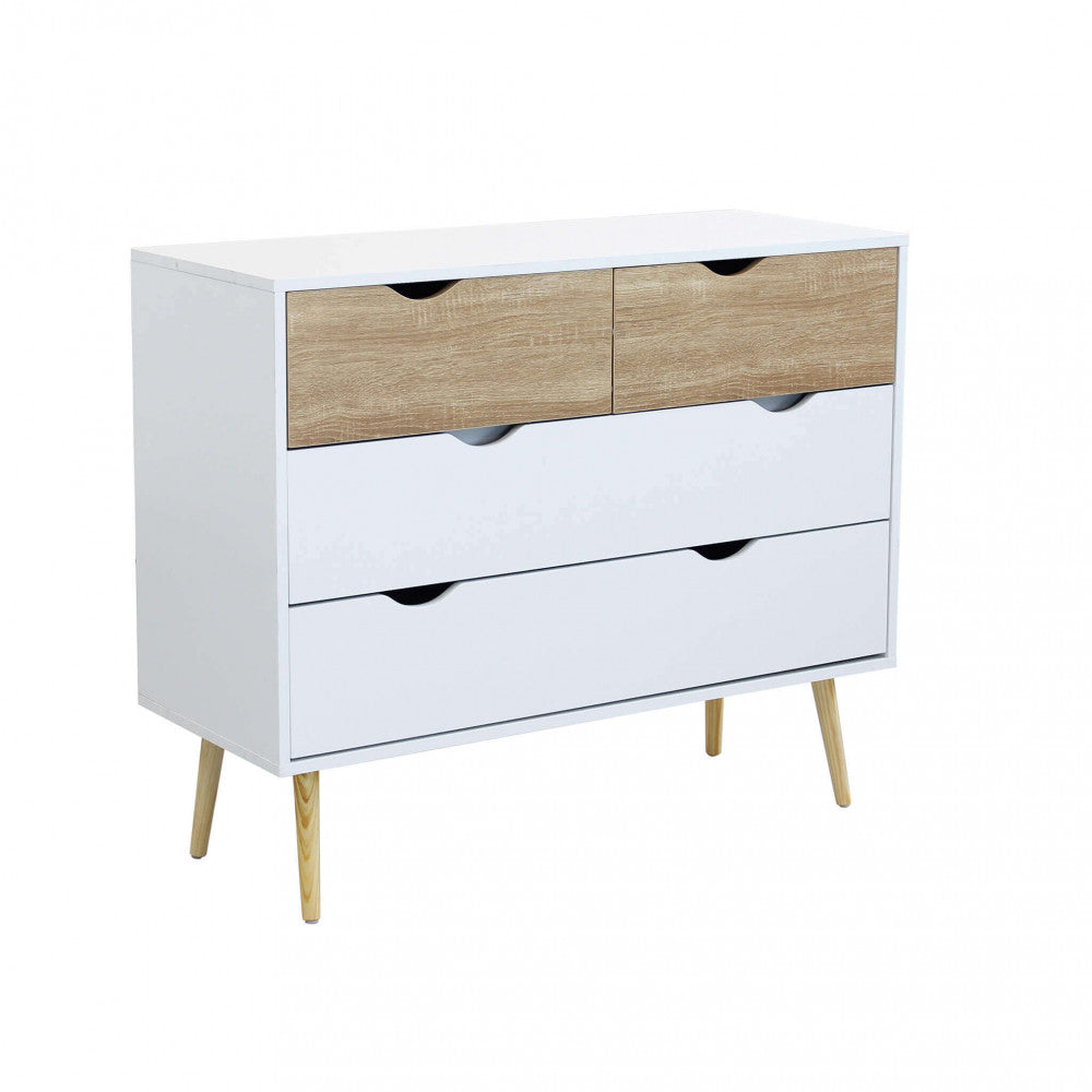 MOBILE TERENCE. Mobile con 4 cassetti in legno bianco e naturale Dimensioni: cm 99 x 39 x 82 h.