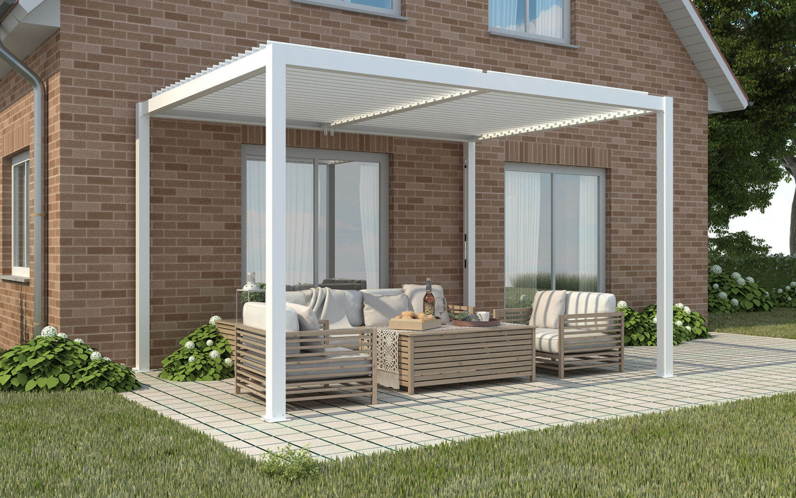 PERGOLA BIOCLIMATICA 3 X 4. Struttura in alluminio bianco o grigio scuro o marrone effetto legno frangisole orientabili a movimentazione manuale copertura a lamelle resistente a tutte le intemperie Dimensioni: m 3 x 4 x 2,5 h. Arredo Giardino