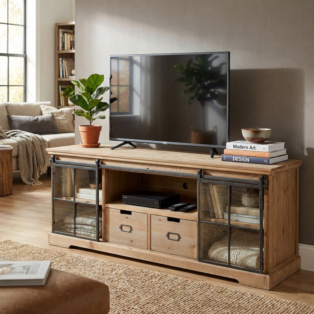MOBILE IN LEGNO DORIAN. Mobile con 1 ripiano, 2 cassetti e 2 ante in vetro Dimensioni: cm 160 x 45,5 x 60 h.