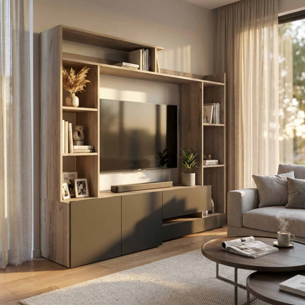 PARETE SOGGIORNO ENTRY ANTRACITE E OLMO. Parete in legno ANTRACITE e OLMO Dimensioni: cm 180 x 28/40 x 165 h.