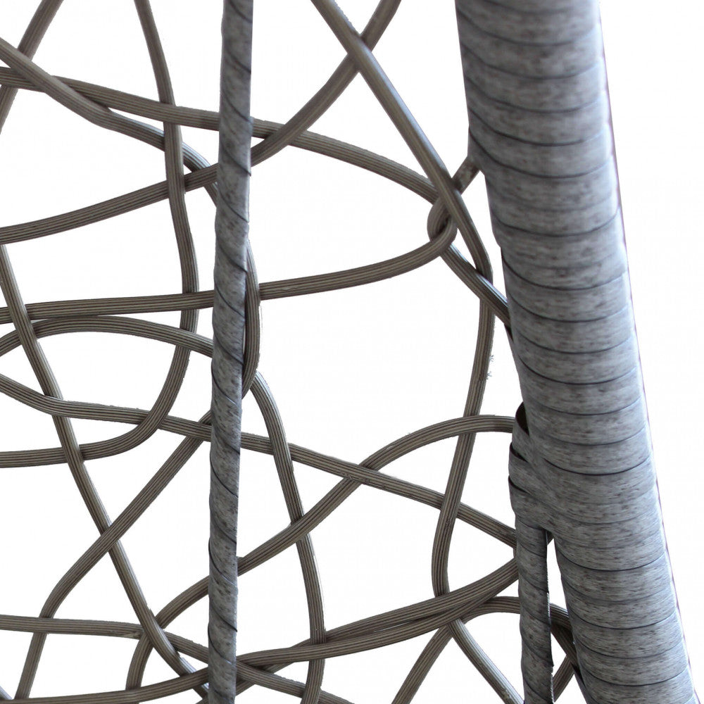 PONZA SWING CHAIR. Matt dove grey metal frame, GREY or WHITE or NATURAL wicker seat, 42 x 2.5 mm metal tubes, 42 x 1.5 mm base, matching polyester cushion. Dimensions: Frame 95 x 195 h, seat 80 x 70 x 122 cm. Garden Furniture