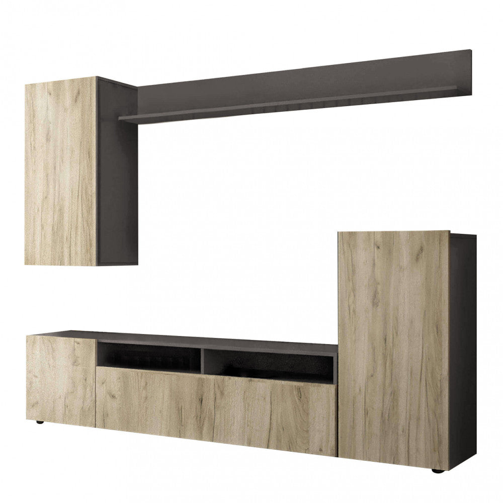PARETE SOGGIORNO BRIDGE TAUPE E ROVERE. Dimensioni: cm 207 x 34 x 170 h.