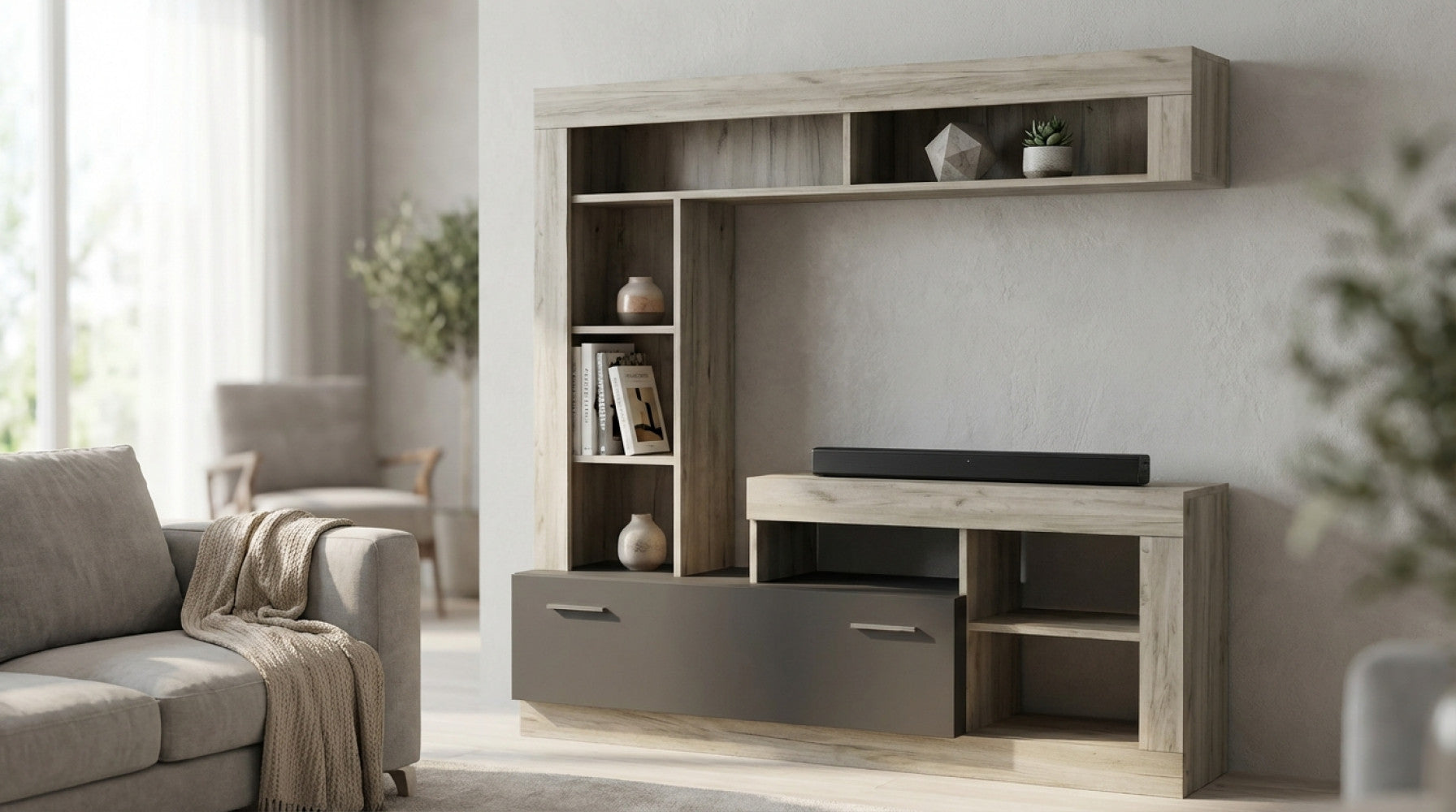 PARETE SOGGIORNO LEONARD ROVERE E TAUPE. Dimensioni: cm 170 x 42 x 170 h.