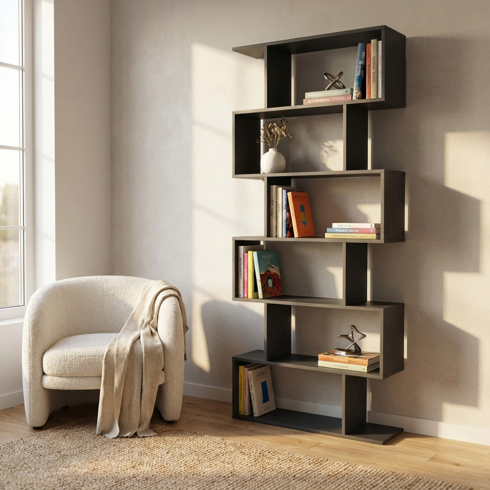 ALANA BOOKCASE, GREY AND NATURAL. Bookcase in natural, white, or dark gray melamine with 6 shelves. Dimensions: 80 x 23.5 x 190.5 h.